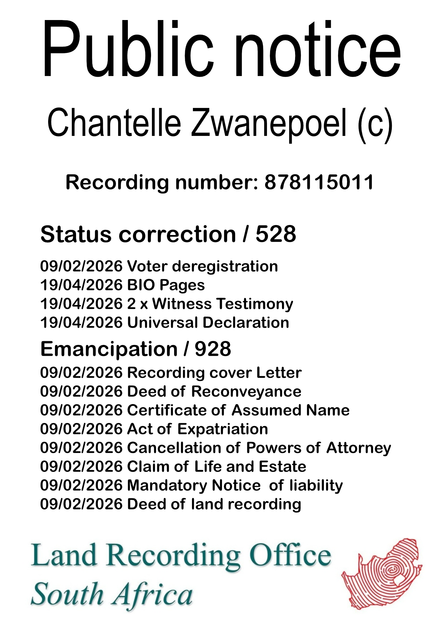 Public notice Chantelle Zwanepoel (c) Recording number 878115011